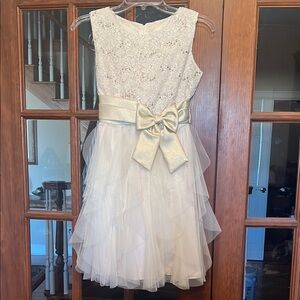 Elegant Cream Lace Kids Dress with Gold Bow